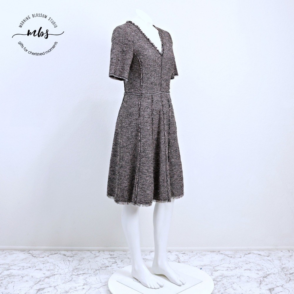 Rebecca Taylor Short Sleeve Tweed Fray Trim Flare Midi Dress Black Pink Women 4